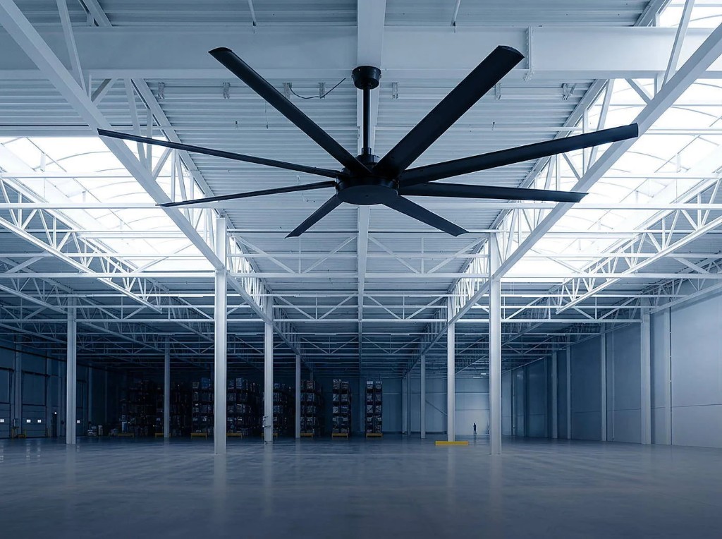 Large HVLS ceiling fan installed in an industrial warehouse