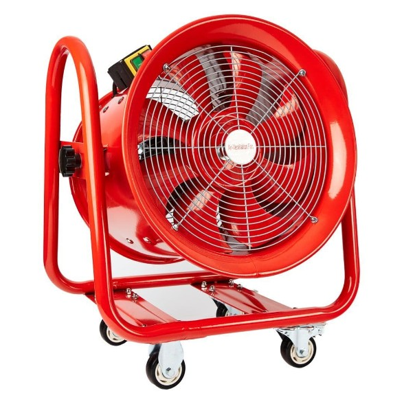 Portable ventilator fan on wheeled frame with flexible ducting